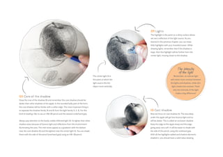 08 Core of the shadow
Draw the core of the shadow (5) and remember this core shadow should be
darker than other shadows of the apple. In the rounded belly part of the form,
the core shadow will be thicker with a softer edge. The most important thing is
to separate the shadow family (4 and 5) from the light family (1, 2, 3). For this
kind of shading I like to use an HB/3B pencil and the relaxed underhand grip.
Always pay attention to the barely visible reflected light (3). It’s lighter than other
shadow areas because of bounce light and reflections from the environment
illuminating this area. The mid-tones appear as a gradation with the darkest
near the core shadow (5) and the lightest near the center light (1). You can shade
them with the side of the pencil (overhand grip) using an HB–3B pencil.
09 Lights
The highlight is the point on a shiny surface where
we see a reflection of the light source. As you
learned in the previous chapter, you can erase
little highlights with your kneaded eraser. While
drawing lights, remember that if the shadow is
large, then the highlight will be further from the
center light, moving closer to the shadow.
10 Cast shadow
Now we focus on cast shadow (4). The area deep
under the apple will get less bounce light and so
will be darker. This is called an occlusion shadow.
Keep the edge at the apple sharp and the edge
going away very soft. It will be easier to shade with
the side of the pencil, using the overhand grip.
With all the highlights added and shadow elements
shaded in, you should have a solid value drawing.
The intensity
of the light
Remember, an intense light
will create more contrast between
the lights and shadows, while dim
light creates low contrast. That’s
why the intensity of the light
makes a big difference!
The center light (1) is
the point at which the
light source hits the
object most vertically.
 