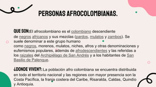 Personas afrocolombianas.
QUESON:El afrocolombiano es el colombiano descendiente
de negros africanos y sus mezclas (pardos, mulatos y zambos). Se
suele denominar a este grupo humano
como negros, morenos, mulatos, niches, afros y otras denominaciones y
eufemismos populares, además de afrodescendientes y las referidas a
los raizales del Archipiélago de San Andrés y a los habitantes de San
Basilio de Palenque.
¿DONDE VIVEN?:La población afro colombiana se encuentra distribuida
en todo el territorio nacional y las regiones con mayor presencia son la
Costa Pacífica, la franja costera del Caribe, Risaralda, Caldas, Quindío
y Antioquia.
 