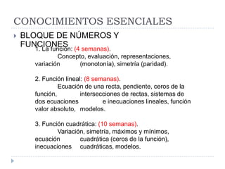 CONOCIMIENTOS ESENCIALES
   BLOQUE DE NÚMEROS Y
    FUNCIONES (4 semanas).
       1. La función:
               Concepto, evaluación, representaciones,
       variación      (monotonía), simetría (paridad).

       2. Función lineal: (8 semanas).
                Ecuación de una recta, pendiente, ceros de la
       función,         intersecciones de rectas, sistemas de
       dos ecuaciones           e inecuaciones lineales, función
       valor absoluto, modelos.

       3. Función cuadrática: (10 semanas).
               Variación, simetría, máximos y mínimos,
       ecuación        cuadrática (ceros de la función),
       inecuaciones cuadráticas, modelos.
 