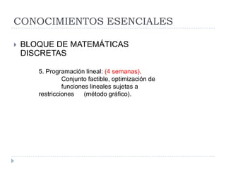 CONOCIMIENTOS ESENCIALES

   BLOQUE DE MATEMÁTICAS
    DISCRETAS

       5. Programación lineal: (4 semanas).
                Conjunto factible, optimización de
                funciones lineales sujetas a
       restricciones    (método gráfico).
 