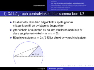 university-logo-ﬁlen
Bågvinkelsatsen
... förklarad
... för båg- och centralvinkel med gemensamt ben
... då mittpunkten omsluts (med trubbiga och konvexa)
... då mittpunkten inte omsluts
... sammandrag och uppgift
1) Då båg- och centralvinkeln har samma ben 1/3
En diameter dras från bågvinkelns spets genom
mittpunkten till en av bågens ändpunkter
yttervinkeln är summan av de inre vinklarna som inte är
dess supplementvinkel = α + α = 2α
Bågvinkelsatsen α = 2α/2 följer direkt av yttervinkelsatsen
α + αα
α
E. Krogius Matematik /geometri
 