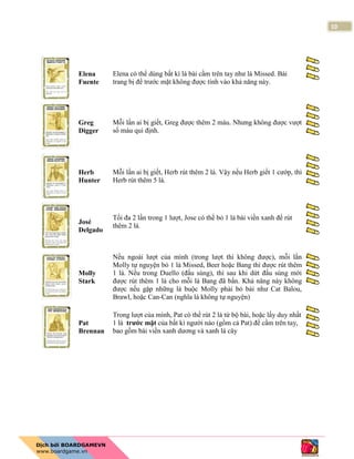10
Elena
Fuente
Elena có thể dùng bất kì lá bài cầm trên tay như lá Missed. Bài
trang bị để trước mặt không được tính vào khả năng này.
Greg
Digger
Mỗi lần ai bị giết, Greg được thêm 2 máu. Nhưng không được vượt
số máu qui định.
Herb
Hunter
Mỗi lần ai bị giết, Herb rút thêm 2 lá. Vậy nếu Herb giết 1 cướp, thì
Herb rút thêm 5 lá.
José
Delgado
Tối đa 2 lần trong 1 lượt, Jose có thể bỏ 1 lá bài viền xanh để rút
thêm 2 lá.
Molly
Stark
Nếu ngoài lượt của mình (trong lượt thì không được), mỗi lần
Molly tự nguyện bỏ 1 lá Missed, Beer hoặc Bang thì được rút thêm
1 lá. Nếu trong Duello (đấu súng), thì sau khi dứt đấu súng mới
được rút thêm 1 lá cho mỗi lá Bang đã bắn. Khả năng này không
được nếu gặp những lá buộc Molly phải bỏ bài như Cat Balou,
Brawl, hoặc Can-Can (nghĩa là không tự nguyện)
Pat
Brennan
Trong lượt của mình, Pat có thể rút 2 lá từ bộ bài, hoặc lấy duy nhất
1 lá trước mặt của bất kì người nào (gồm cả Pat) để cầm trên tay,
bao gồm bài viền xanh dương và xanh lá cây
 
