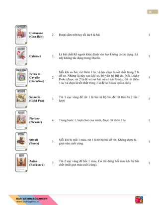 18
Cinturone
(Gun Belt)
2 Được cầm trên tay tối đa 8 lá bài 1
Calumet 3
Lá bài chất Rô người khác đánh vào bạn không có tác dụng. Lá
này không tác dụng trong Duello.
1
Ferro di
Cavallo
(Horsehoe)
2
Mỗi khi so bài, rút thêm 1 lá, và lựa chọn lá tốt nhất trong 2 lá
để so. Những lá này sau khi so, bỏ vào bộ bài dư. Nếu Lucky
Duke (được rút 2 lá để so) so bài mà có sẵn lá này, thì rút thêm
1 lá, và chọn lá tốt nhất trong 3 lá để so (chưa chính thức)
1
Setaccio
(Gold Pan)
3
Trả 1 cục vàng để rút 1 lá bài từ bộ bài để rút (tối đa 2 lần /
lượt)
1
Piccone
(Pickaxe)
4 Trong bước 1, lượt chơi của mình, được rút thêm 1 lá 1
Stivali
(Boots)
3
Mỗi khi bị mất 1 máu, rút 1 lá từ bộ bài để rút. Không được là
giọt máu cuối cùng.
1
Zaino
(Rucksack)
3
Trả 2 cục vàng để hồi 1 máu. Có thể dùng hồi máu khi bị bắn
chết (mất giọt máu cuối cùng).
1
 