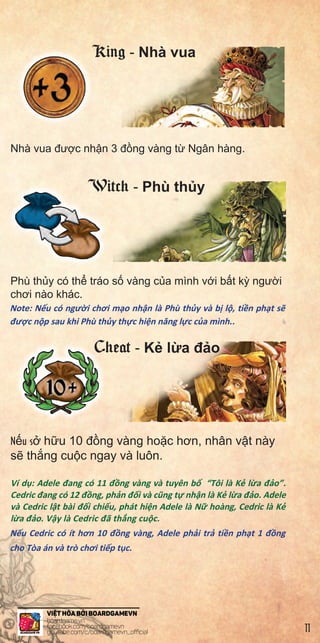 Nhà vua đư c nh n 3 đ ng vàng t Ngân hàng.
Phù th y có th tráo s vàng c a mình v i b t k ngư i
chơi nào khác.
Note: N u có ngư i chơi m o nh n là Phù th y và b l , ti n ph t s
đư c n p sau khi Phù th y th c hi n năng l c c a mình..
N u s h u 10 đ ng vàng ho c hơn, nhân v t này
s th ng cu c ngay và luôn.
Ví d : Adele đang có 11 đ ng vàng và tuyên b “Tôi là K l a đ o”.
Cedric đang có 12 đ ng, ph n đ i và cũng t nh n là K l a đ o. Adele
và Cedric l t bài đ i chi u, phát hi n Adele là N hoàng, Cedric là K
l a đ o. V y là Cedric đã th ng cu c.
N u Cedric có ít hơn 10 đ ng vàng, Adele ph i tr ti n ph t 1 đ ng
cho Tòa án và trò chơi ti p t c.
k.
rs.
’t
heir
ank.
and
y.
fine
Cheat - K l a đ o
King - Nhà vua
Witch - Phù th y
11
 