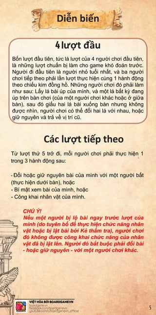 Di n bi n
4lư t đ u
B n lư t đ u tiên, t c là lư t c a 4 ngư i chơi đ u tiên,
là nh ng lư t chu n b làm cho game khó đoán trư c.
Ngư i đi đ u tiên là ngư i nh tu i nh t, và ba ngư i
chơi ti p theo ph i l n lư t th c hi n cùng 1 hành đ ng
theo chi u kim đ ng h . Nh ng ngư i chơi đó ph i làm
như sau: L y lá bài úp c a mình, và m t lá b t k đang
úp trên bàn chơi (c a m t ngư i chơi khác ho c gi a
bàn), sau đó gi u hai lá bài xu ng bàn nhưng không
đư c nhìn, ngư i chơi có th đ i hai lá v i nhau, ho c
gi nguyên và tr v v trí cũ.
Các lư t ti p theo
T lư t th 5 tr đi, m i ngư i chơi ph i th c hi n 1
trong 3 hành đ ng sau:
- Đ i ho c gi nguyên bài c a mình v i m t ngư i b t
(th c hi n dư i bàn), ho c
- Bí m t xem bài c a mình, ho c
- Công khai nhân v t c a mình.
CHÚ Ý!
N u m t ngư i b l bài ngay trư c lư t c a
mình (do tuyên b đ th c hi n ch c năng nhân
v t ho c b l t bài b i K th m tra), ngư i chơi
đó không đư c công khai ch c năng c a nhân
v t đã b l t lên. Ngư i đó b t bu c ph i đ i bài
- ho c gi nguyên - v i m t ngư i chơi khác.
5
 