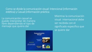 Como se divide la comunicación visual: Intencional (información
estética) yCasual (información práctica
La comunicación casual se
puede interpretar de manera
libre dependiendo el tipo de
mensaje que quiera dar
Mientras la comunicación
visual internacional debe
ser recibida con el
significado especifico que
se quiere dar
 