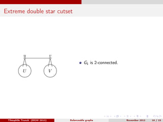 Extreme double star cutset




           u                   v
                                             G1 is 2-connected.
           U                   V




 Théophile Trunck (BGW 2012)       Balanceable graphs             November 2012   16 / 23
 