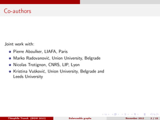 Co-authors




Joint work with:
    Pierre Aboulker, LIAFA, Paris
    Marko Radovanović, Union University, Belgrade
    Nicolas Trotignon, CNRS, LIP, Lyon
    Kristina Vušković, Union University, Belgrade and
    Leeds University




 Théophile Trunck (BGW 2012)        Balanceable graphs   November 2012   2 / 23
 