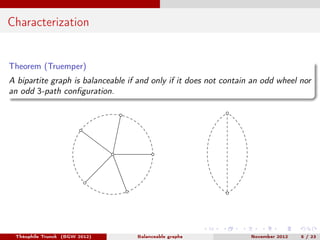 Characterization


Theorem (Truemper)
A bipartite graph is balanceable if and only if it does not contain an odd wheel nor
an odd 3-path conﬁguration.




 Théophile Trunck (BGW 2012)       Balanceable graphs              November 2012   5 / 23
 