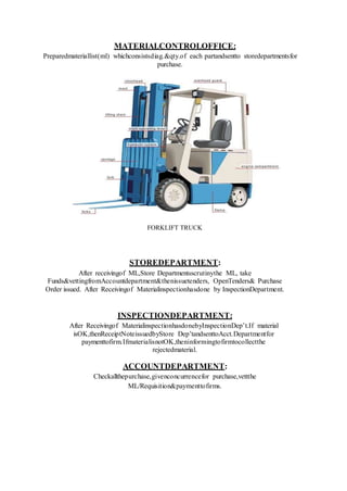 MATERIALCONTROLOFFICE:
Preparedmateriallist(ml) whichconsistsdiag.&qty.of each partandsentto storedepartmentsfor
purchase.
FORKLIFT TRUCK
STOREDEPARTMENT:
After receivingof ML,Store Departmentsscrutinythe ML, take
Funds&vettingfromAccountdepartment&thenissuetenders, OpenTenders& Purchase
Order issued. After Receivingof Materialinspectionhasdone by InspectionDepartment.
INSPECTIONDEPARTMENT:
After Receivingof MaterialinspectionhasdonebyInspectionDep’t.If material
isOK,thenReceiptNoteissuedbyStore Dep’tandsenttoAcct.Departmentfor
paymenttofirm.IfmaterialisnotOK,theninformingtofirmtocollectthe
rejectedmaterial.
ACCOUNTDEPARTMENT:
Checkallthepurchase,givenconcurrencefor purchase,vettthe
ML/Requisition&paymenttofirms.
 