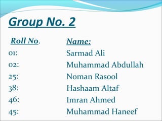 Group No. 2
Roll No.
01:
02:
25:
38:
46:
45:
Name:
Sarmad Ali
Muhammad Abdullah
Noman Rasool
Hashaam Altaf
Imran Ahmed
Muhammad Haneef
 
