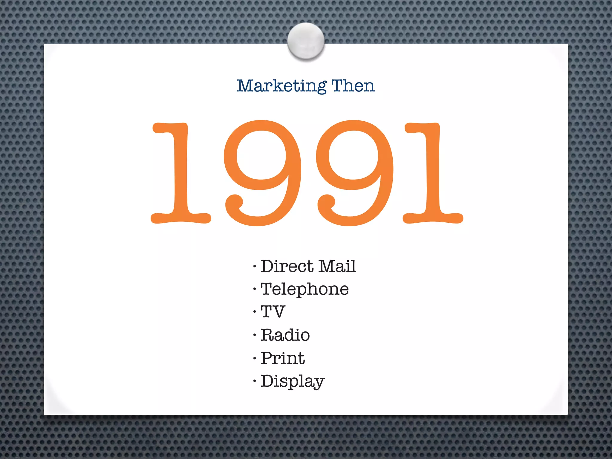 Marketing Then




1991
  • Direct Mail
  • Telephone

  • TV

  • Radio

  • Print

  • Display
 