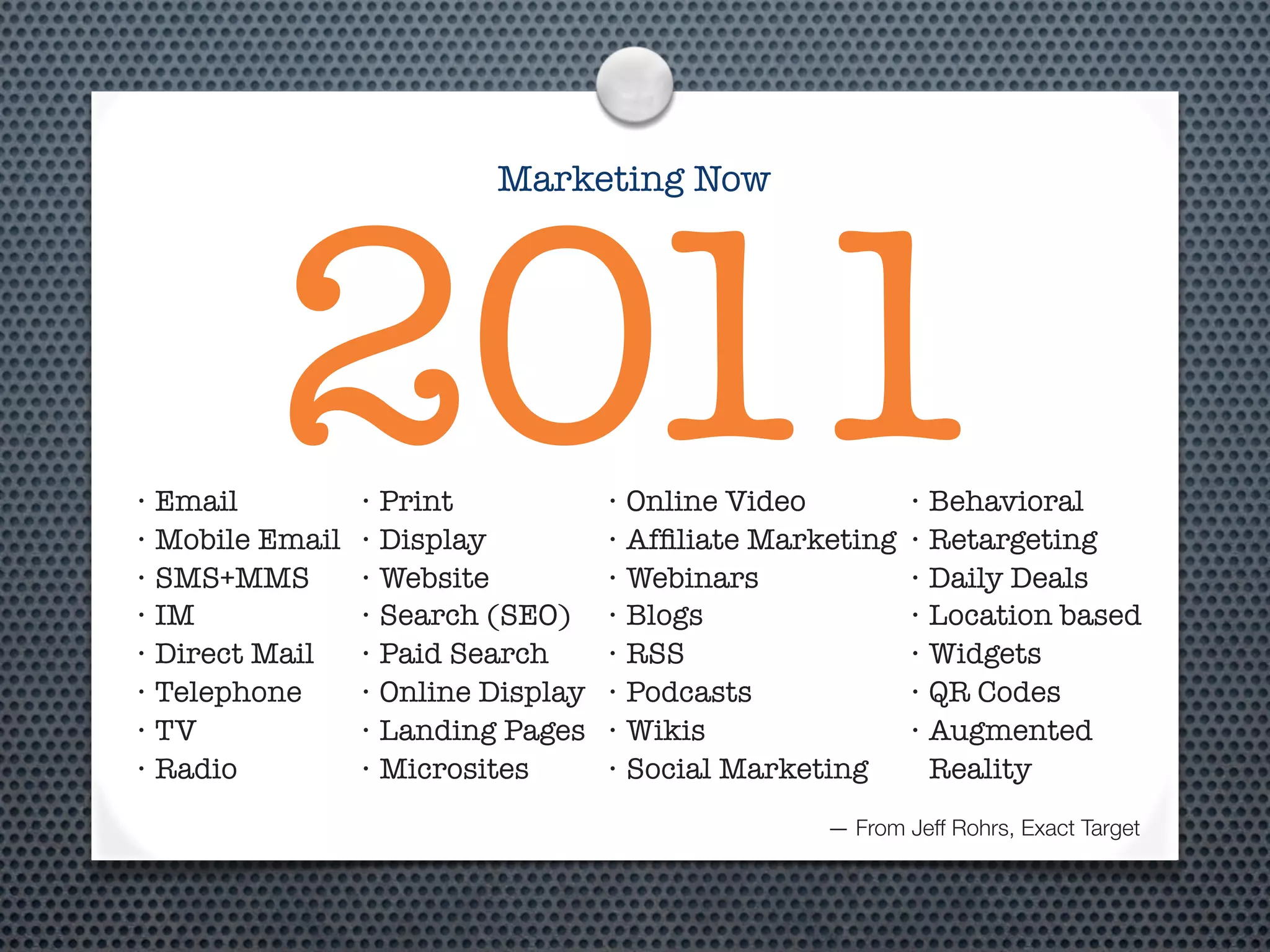 Marketing Now




• Email
         2011
• Mobile Email

• SMS+MMS
                 • Print
                 • Display

                 • Website
                                    • Online Video
                                    • Afﬁliate Marketing

                                    • Webinars
                                                           • Behavioral
                                                           • Retargeting

                                                           • Daily Deals

• IM             • Search (SEO)     • Blogs                • Location based

• Direct Mail    • Paid Search      • RSS                  • Widgets

• Telephone      • Online Display   • Podcasts             • QR Codes

• TV             • Landing Pages    • Wikis                • Augmented

• Radio          • Microsites       • Social Marketing       Reality
                                                   — From Jeff Rohrs, Exact Target
 