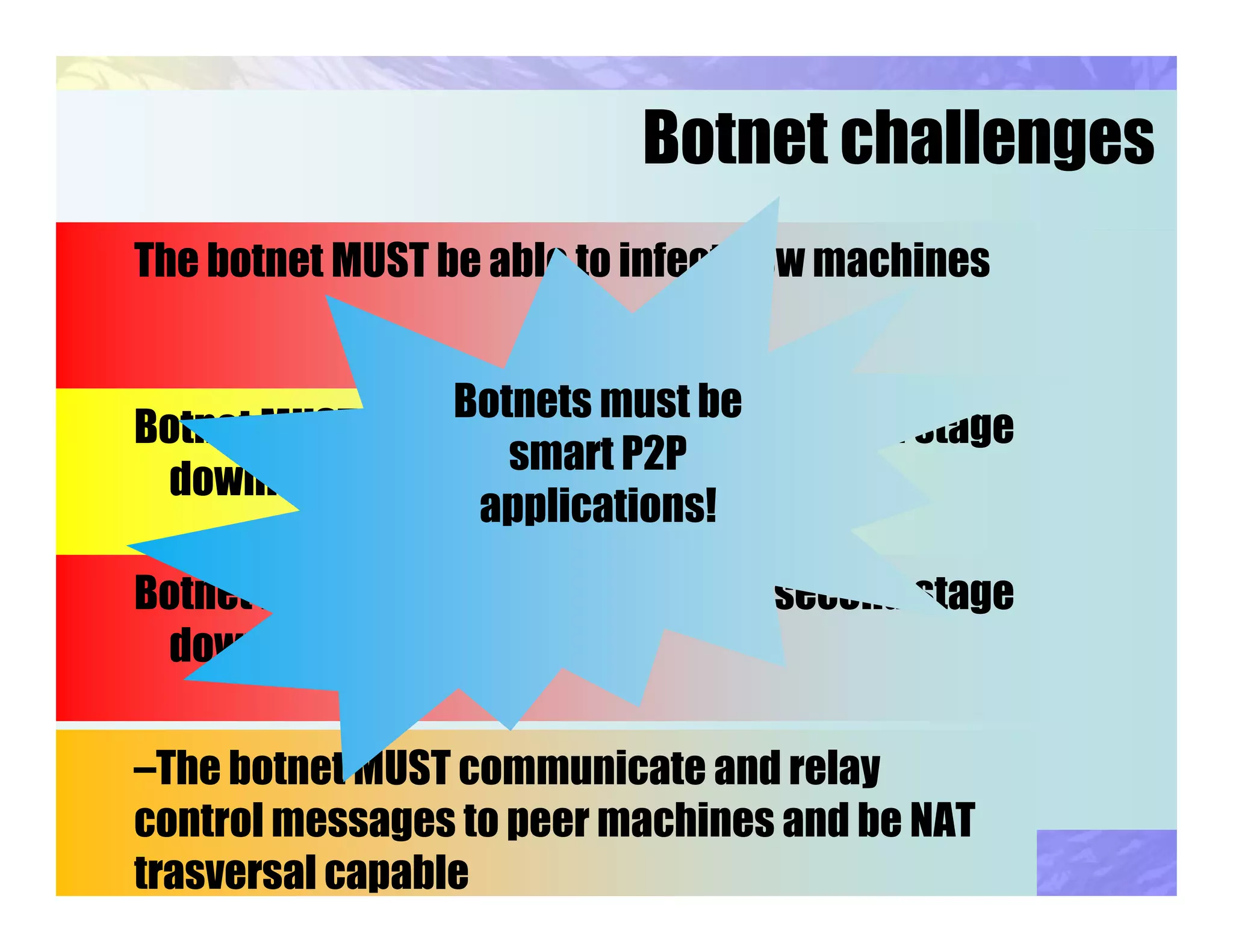 Botnet challenges
Botnet MUST avoid plain simpleweb second stage
download
–The botnet MUST communicate and relay
control messages to peer machines and be NAT
trasversal capable
Botnet MUST avoid plain simpleweb second stage
download
The botnet MUST be able to infect new machines
Botnets must be
smart P2P
applications!
 