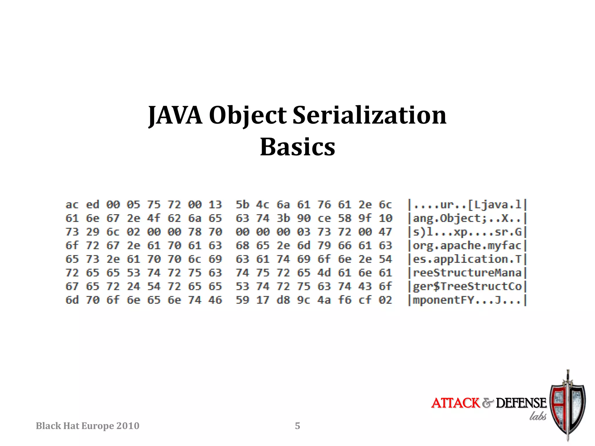 JAVA Object Serialization
                                 Basics




                                               ATTACK & DEFENSE
                                                            labs
Black Hat Europe 2010               5
 