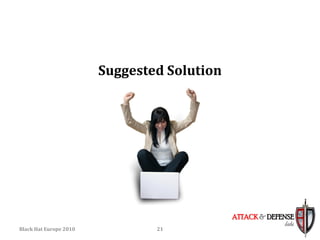 Suggested Solution




                                             ATTACK & DEFENSE
                                                          labs
Black Hat Europe 2010           21
 