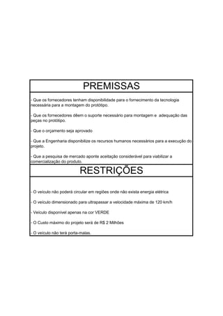 PREMISSAS
- Que os fornecedores tenham disponibilidade para o fornecimento da tecnologia
necessária para a montagem do protótipo.

- Que os fornecedores dêem o suporte necessário para montagem e adequação das
peças no protótipo.

- Que o orçamento seja aprovado

- Que a Engenharia disponibilize os recursos humanos necessários para a execução do
projeto.

- Que a pesquisa de mercado aponte aceitação considerável para viabilizar a
comercialização do produto.

                          RESTRIÇÕES

- O veículo não poderá circular em regiões onde não exista energia elétrica

- O veículo dimensionado para ultrapassar a velocidade máxima de 120 km/h

- Veículo disponível apenas na cor VERDE

- O Custo máximo do projeto será de R$ 2 Milhões

- O veículo não terá porta-malas.
 