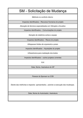 SM - Solicitação de Mudança
                          Melhoria no conforto interno

              Impactos identificados – Recursos Humanos do projeto

           Alocação de técnicos especializados em Vibração e Acustica

                Impactos identificados – Comunicações do projeto

                      Geração de relatórios extras a equipe

                    Impactos identificados – Riscos do projeto

                    Ultrapassar limites de orçamento e prazo

                  Impactos identificados – Aquisições do projeto

                     Infraestrutura para realização dos testes

                Impactos identificados – outros projetos correntes

                                       N.A

                         Data, Nome, Assinatura do GP




                           Parecer do Sponsor ou CCB




Diante das melhorias e impactos apresentados , autorizo a execução das mudanças.




                     Data, Nome do Autorizador, Assinatura
 
