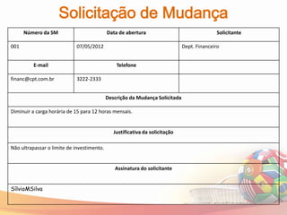 Solicitação de Mudança
      Número da SM                          Data de abertura                                 Solicitante

001                          07/05/2012                                       Dept. Financeiro


          E-mail                                Telefone

financ@cpt.com.br            3222-2333


                                            Descrição da Mudança Solicitada

Diminuir a carga horária de 15 para 12 horas mensais.


                                               Justificativa da solicitação

Não ultrapassar o limite de investimento.


                                               Assinatura do solicitante


SílvioMSilva
 