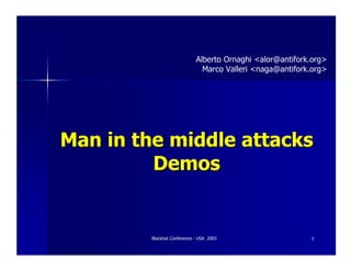 Blackhat Conference - USA 2003Blackhat Conference - USA 2003 11
Man in the middleMan in the middle attacksattacks
DemosDemos
Alberto Ornaghi <alor@antifork.org>
Marco Valleri <naga@antifork.org>
 