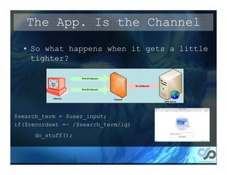 The App. Is the Channel
  • So what happens when it gets a little
    tighter?




$search_term = $user_input;
if($recordset =~ /$search_term/ig)
     do_stuff();
 