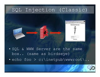 SQL Injection (Classic)




• SQL & WWW Server are the same
  box.. (same as birdseye)
• echo foo > c:inetpubwwwroot..
 