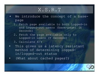 X.S.R.T
•   We introduce the concept of a base-
    page
    1. Fetch page available to both Logged-in
       and Logged-out users (base-page) (X
       Seconds)
    2. Fetch the page available only to
       Logged-in users (Y Seconds)
    3. Calculate X/Y
•   This gives us a latency resistant
    method of determining logged-
    in/logged-out status
•   (What about cached pages?)
 