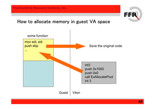 Fourteenforty Research Institute, Inc.
40
How to allocate memory in guest VA spaceHow to allocate memory in guest VA spaceHow to allocate memory in guest VA spaceHow to allocate memory in guest VA space
Guest Viton
int3
push 0x1000
push 0x0
call ExAllocatePool
int 3
some function
mov edi, edi
push ebp
...
Save the original code
 