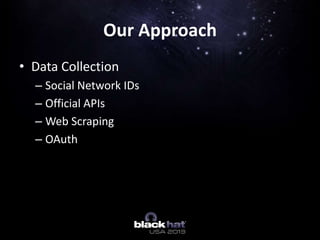 • Data Collection
– Social Network IDs
– Official APIs
– Web Scraping
– OAuth
Our Approach
 