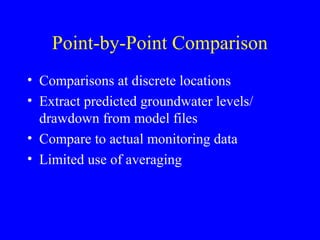 Point-by-Point Comparison
• Comparisons at discrete locations
• Extract predicted groundwater levels/
drawdown from model files
• Compare to actual monitoring data
• Limited use of averaging

 