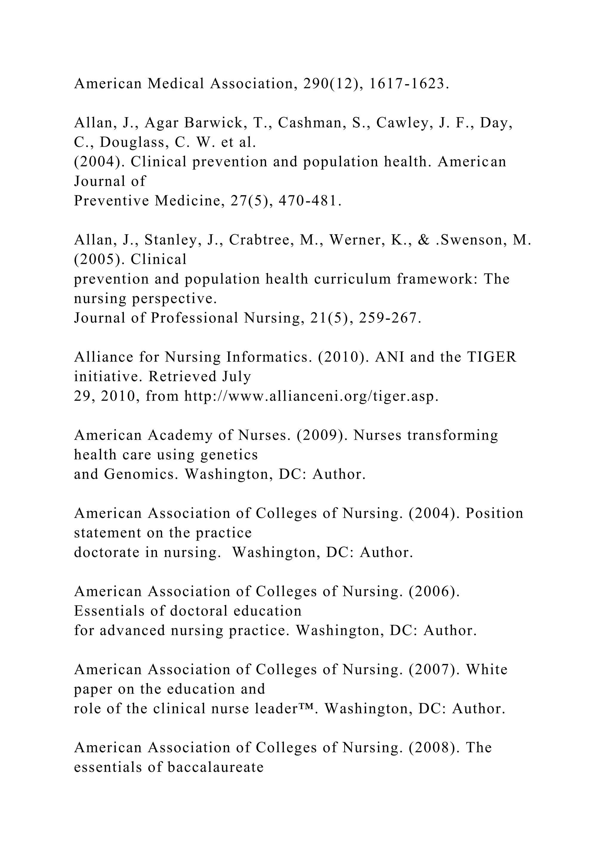 American Medical Association, 290(12), 1617-1623.
Allan, J., Agar Barwick, T., Cashman, S., Cawley, J. F., Day,
C., Douglass, C. W. et al.
(2004). Clinical prevention and population health. American
Journal of
Preventive Medicine, 27(5), 470-481.
Allan, J., Stanley, J., Crabtree, M., Werner, K., & .Swenson, M.
(2005). Clinical
prevention and population health curriculum framework: The
nursing perspective.
Journal of Professional Nursing, 21(5), 259-267.
Alliance for Nursing Informatics. (2010). ANI and the TIGER
initiative. Retrieved July
29, 2010, from http://www.allianceni.org/tiger.asp.
American Academy of Nurses. (2009). Nurses transforming
health care using genetics
and Genomics. Washington, DC: Author.
American Association of Colleges of Nursing. (2004). Position
statement on the practice
doctorate in nursing. Washington, DC: Author.
American Association of Colleges of Nursing. (2006).
Essentials of doctoral education
for advanced nursing practice. Washington, DC: Author.
American Association of Colleges of Nursing. (2007). White
paper on the education and
role of the clinical nurse leader™. Washington, DC: Author.
American Association of Colleges of Nursing. (2008). The
essentials of baccalaureate
 
