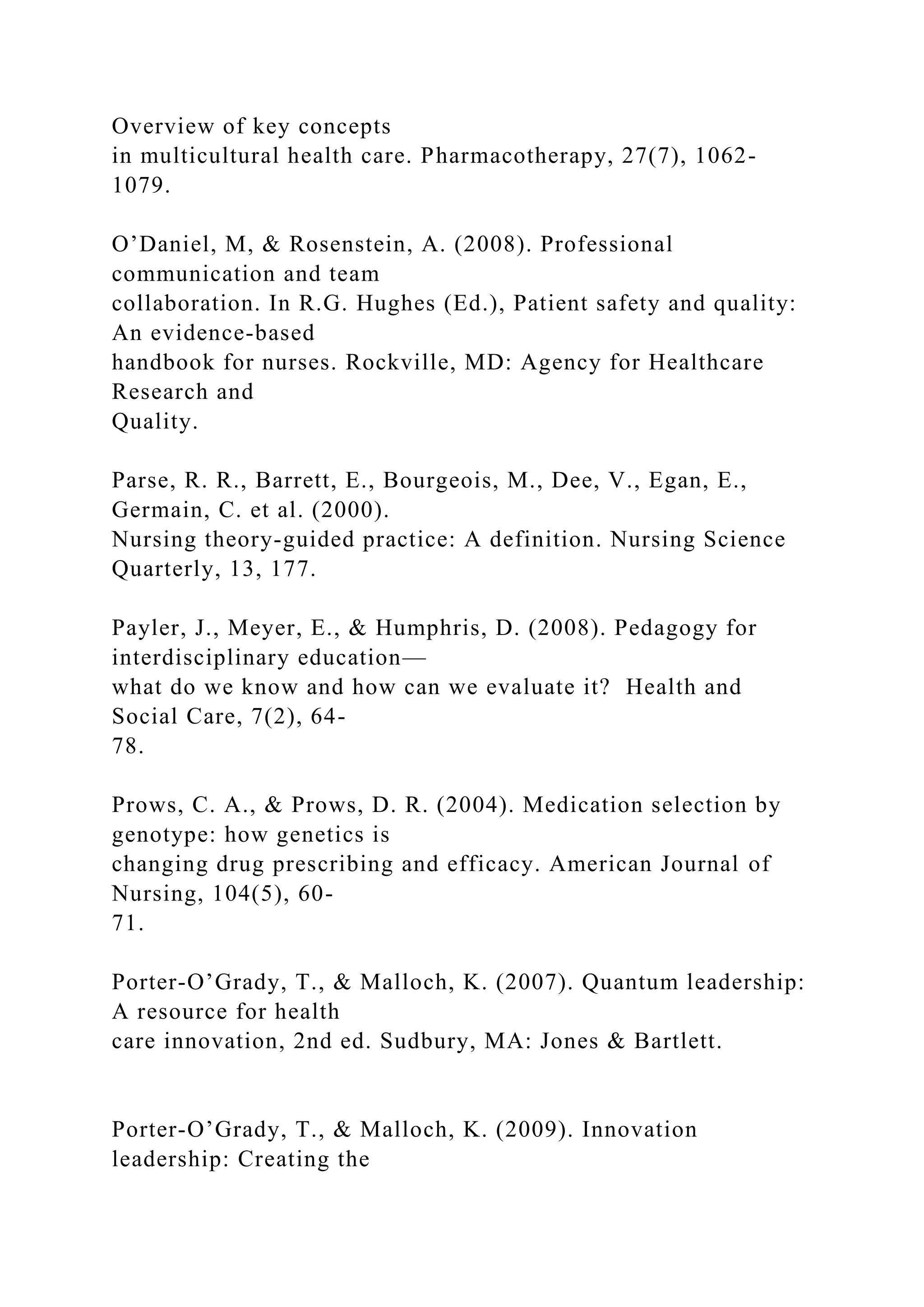 Overview of key concepts
in multicultural health care. Pharmacotherapy, 27(7), 1062-
1079.
O’Daniel, M, & Rosenstein, A. (2008). Professional
communication and team
collaboration. In R.G. Hughes (Ed.), Patient safety and quality:
An evidence-based
handbook for nurses. Rockville, MD: Agency for Healthcare
Research and
Quality.
Parse, R. R., Barrett, E., Bourgeois, M., Dee, V., Egan, E.,
Germain, C. et al. (2000).
Nursing theory-guided practice: A definition. Nursing Science
Quarterly, 13, 177.
Payler, J., Meyer, E., & Humphris, D. (2008). Pedagogy for
interdisciplinary education—
what do we know and how can we evaluate it? Health and
Social Care, 7(2), 64-
78.
Prows, C. A., & Prows, D. R. (2004). Medication selection by
genotype: how genetics is
changing drug prescribing and efficacy. American Journal of
Nursing, 104(5), 60-
71.
Porter-O’Grady, T., & Malloch, K. (2007). Quantum leadership:
A resource for health
care innovation, 2nd ed. Sudbury, MA: Jones & Bartlett.
Porter-O’Grady, T., & Malloch, K. (2009). Innovation
leadership: Creating the
 