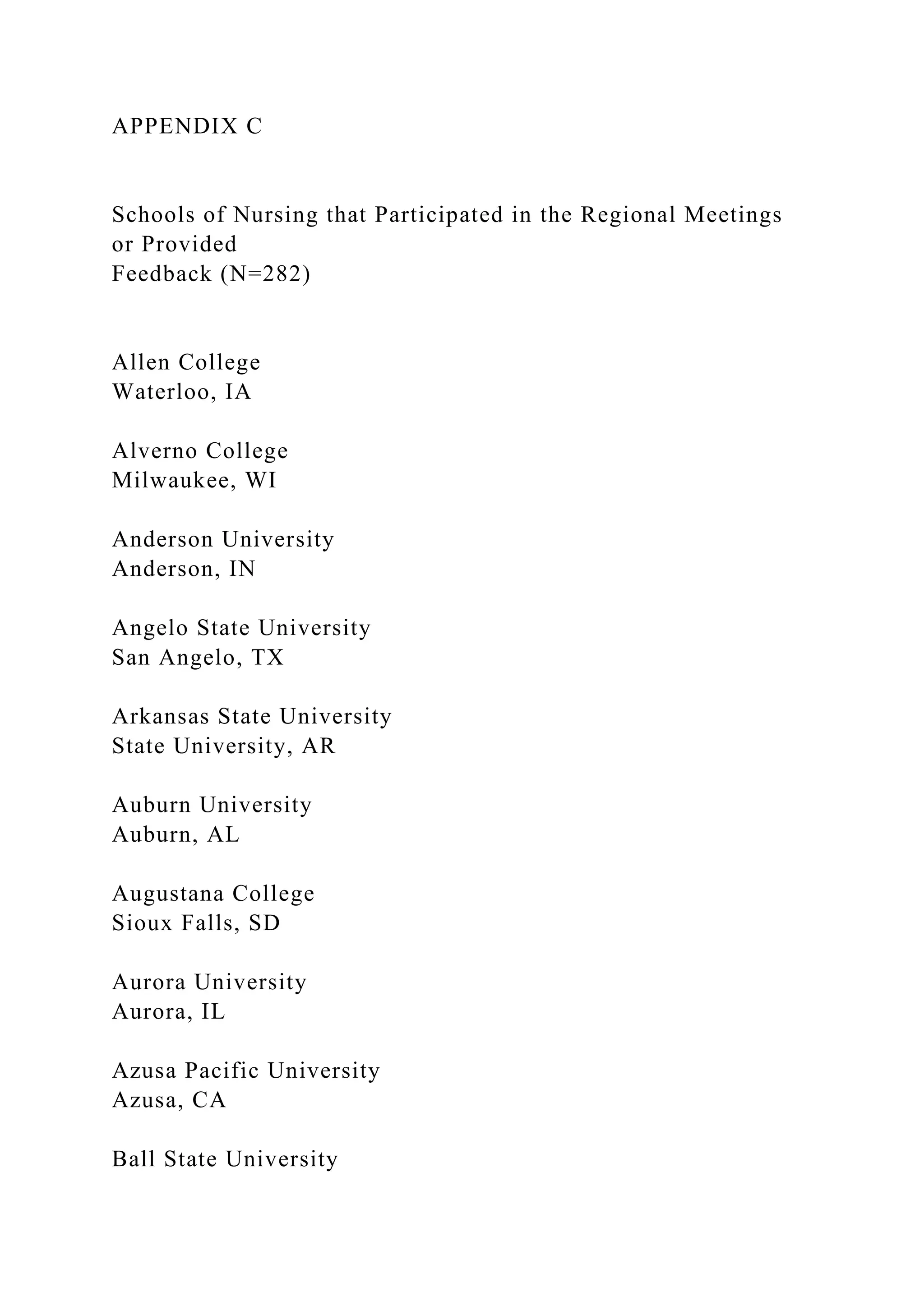 APPENDIX C
Schools of Nursing that Participated in the Regional Meetings
or Provided
Feedback (N=282)
Allen College
Waterloo, IA
Alverno College
Milwaukee, WI
Anderson University
Anderson, IN
Angelo State University
San Angelo, TX
Arkansas State University
State University, AR
Auburn University
Auburn, AL
Augustana College
Sioux Falls, SD
Aurora University
Aurora, IL
Azusa Pacific University
Azusa, CA
Ball State University
 