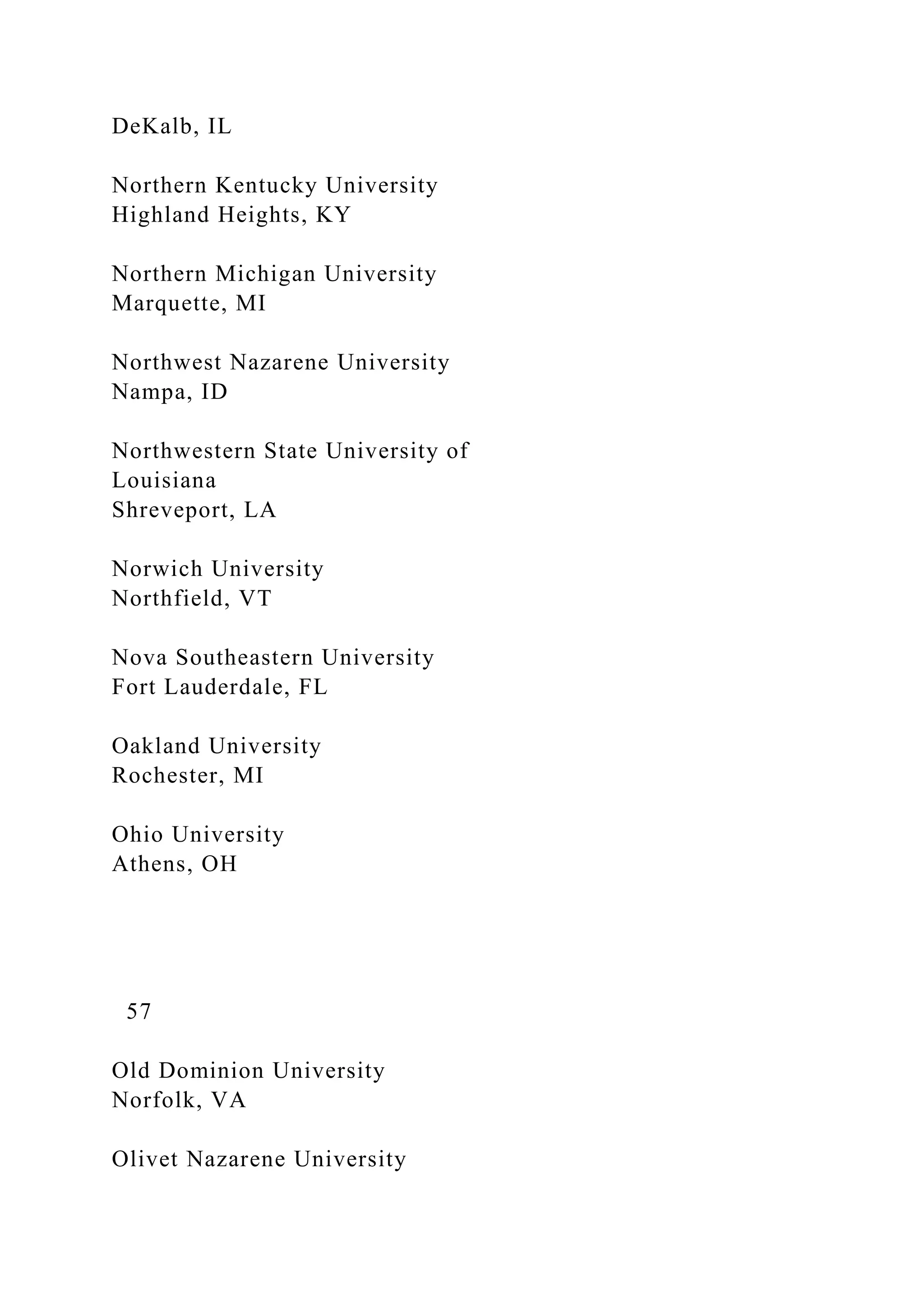 DeKalb, IL
Northern Kentucky University
Highland Heights, KY
Northern Michigan University
Marquette, MI
Northwest Nazarene University
Nampa, ID
Northwestern State University of
Louisiana
Shreveport, LA
Norwich University
Northfield, VT
Nova Southeastern University
Fort Lauderdale, FL
Oakland University
Rochester, MI
Ohio University
Athens, OH
57
Old Dominion University
Norfolk, VA
Olivet Nazarene University
 