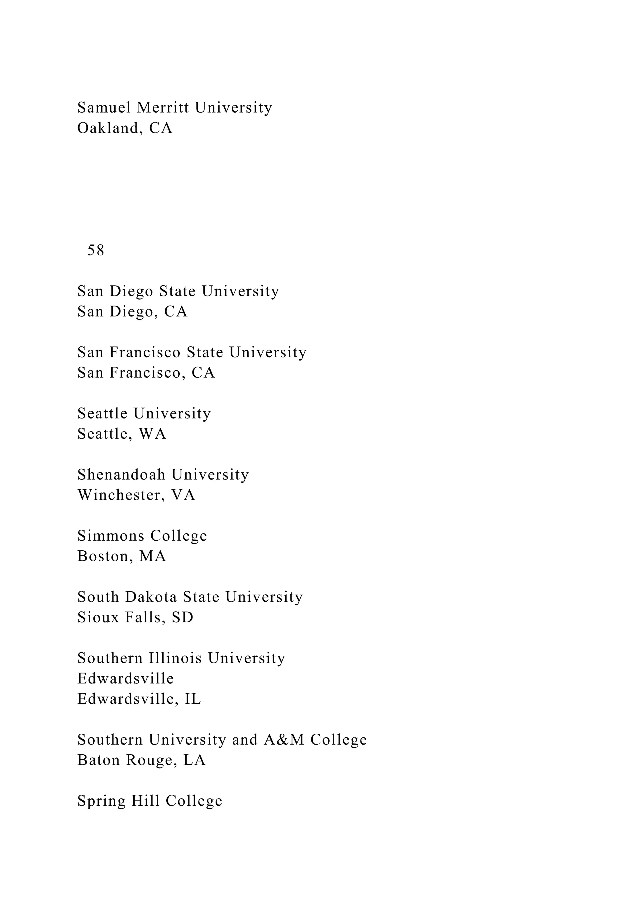 Samuel Merritt University
Oakland, CA
58
San Diego State University
San Diego, CA
San Francisco State University
San Francisco, CA
Seattle University
Seattle, WA
Shenandoah University
Winchester, VA
Simmons College
Boston, MA
South Dakota State University
Sioux Falls, SD
Southern Illinois University
Edwardsville
Edwardsville, IL
Southern University and A&M College
Baton Rouge, LA
Spring Hill College
 