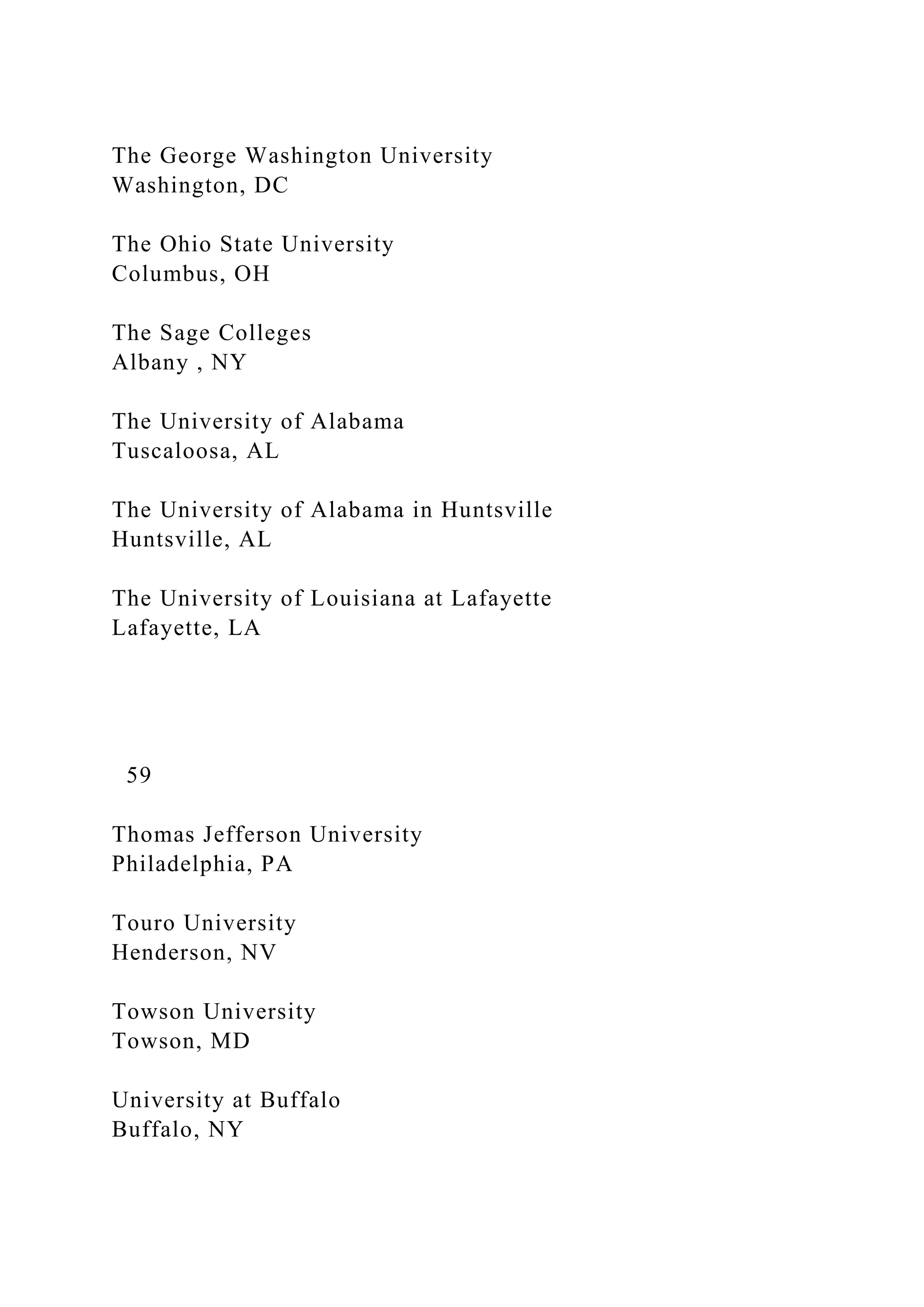The George Washington University
Washington, DC
The Ohio State University
Columbus, OH
The Sage Colleges
Albany , NY
The University of Alabama
Tuscaloosa, AL
The University of Alabama in Huntsville
Huntsville, AL
The University of Louisiana at Lafayette
Lafayette, LA
59
Thomas Jefferson University
Philadelphia, PA
Touro University
Henderson, NV
Towson University
Towson, MD
University at Buffalo
Buffalo, NY
 