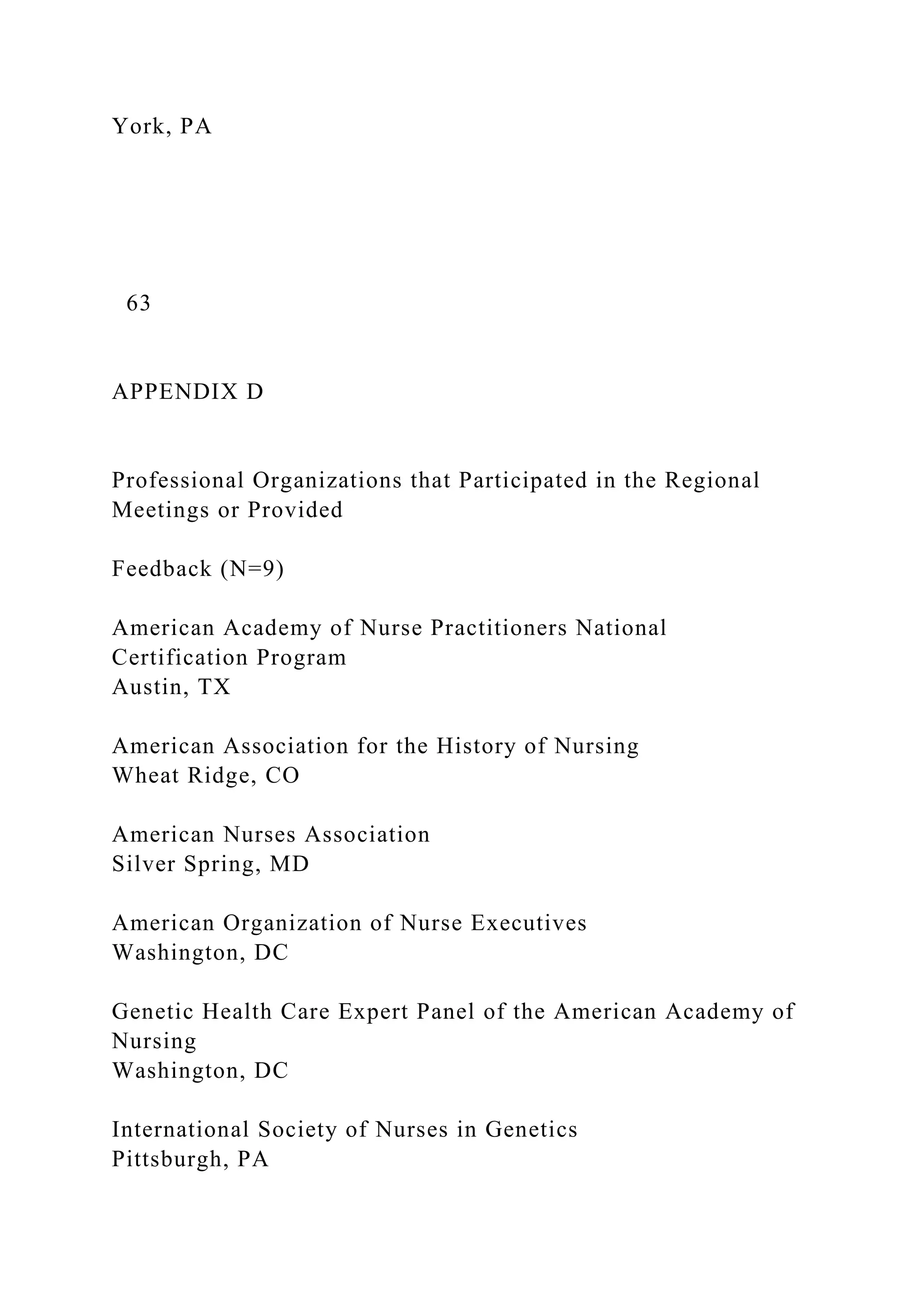 York, PA
63
APPENDIX D
Professional Organizations that Participated in the Regional
Meetings or Provided
Feedback (N=9)
American Academy of Nurse Practitioners National
Certification Program
Austin, TX
American Association for the History of Nursing
Wheat Ridge, CO
American Nurses Association
Silver Spring, MD
American Organization of Nurse Executives
Washington, DC
Genetic Health Care Expert Panel of the American Academy of
Nursing
Washington, DC
International Society of Nurses in Genetics
Pittsburgh, PA
 