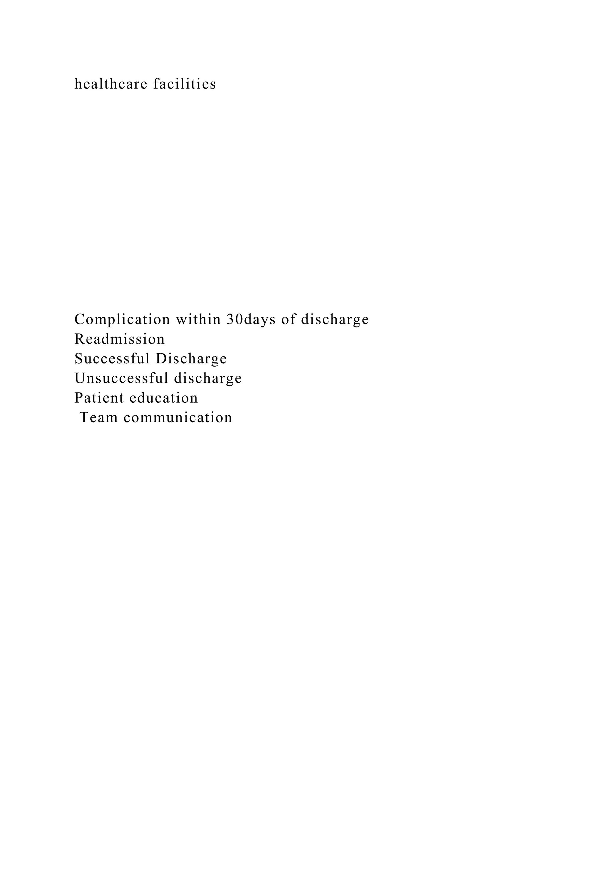 healthcare facilities
Complication within 30days of discharge
Readmission
Successful Discharge
Unsuccessful discharge
Patient education
Team communication
 