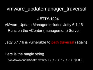 VMware.zip Desktop Products: Workstation, Player.  Not interesting during PenTest (for now ;) ) Server Products: ESX, ESXi (now Hypervisor), Server The “hypervisor layer” Management Node: Virtual Center (vCenter) 