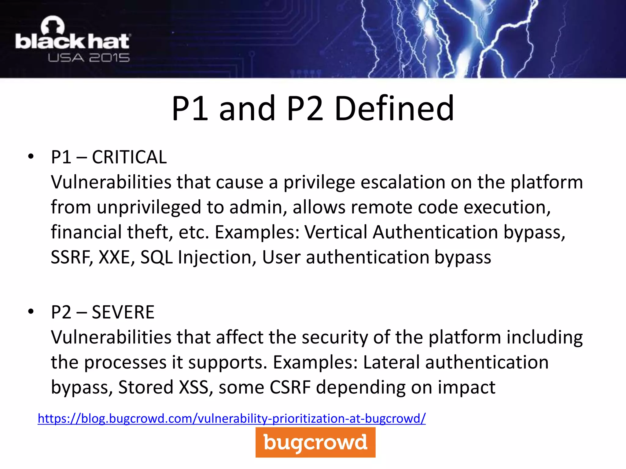 • P1 – CRITICAL
Vulnerabilities that cause a privilege escalation on the platform
from unprivileged to admin, allows remote code execution,
financial theft, etc. Examples: Vertical Authentication bypass,
SSRF, XXE, SQL Injection, User authentication bypass
• P2 – SEVERE
Vulnerabilities that affect the security of the platform including
the processes it supports. Examples: Lateral authentication
bypass, Stored XSS, some CSRF depending on impact
P1 and P2 Defined
https://blog.bugcrowd.com/vulnerability-prioritization-at-bugcrowd/
 