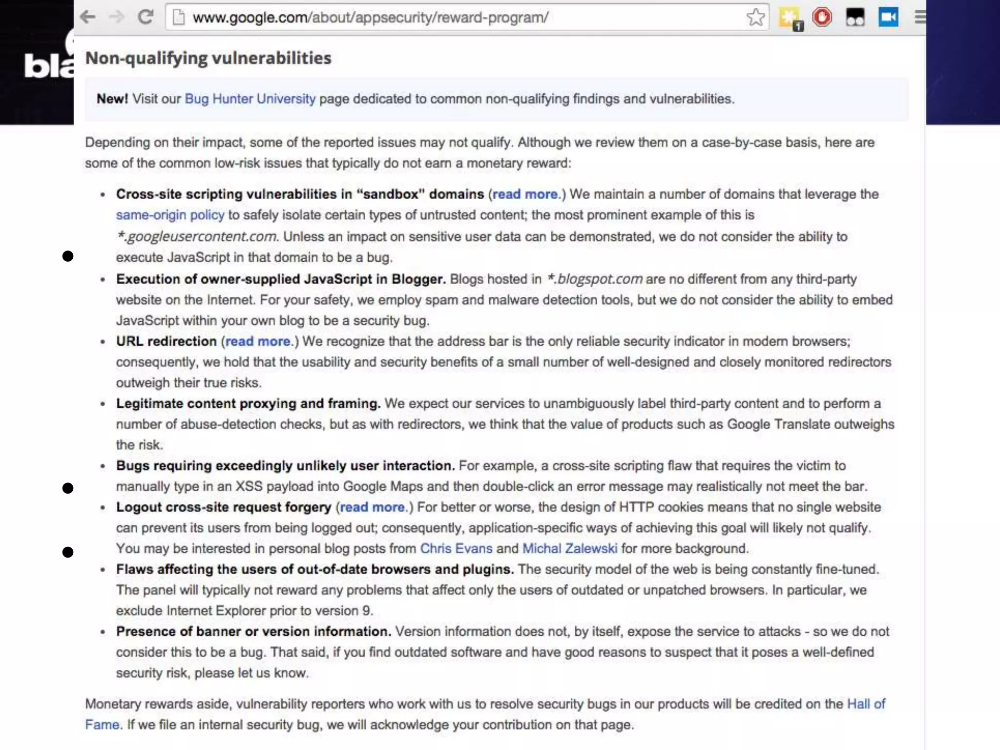 • Guidance and training
– Google: Bughunter University
– Facebook: Bounty Hunter’s Guide
– Bugcrowd: Bugcrowd Forum
• Clear in and out of scope documentation
• Direct Performance Feedback
How to reduce noise
 