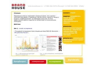 www.brandhouse.ru    +7-863-266-5070 (Россия) +1-703-493-0355           (США)




Ситуация:                                                                      клиент: РАСО

Образование в России переживает системный кризис. Суть кризиса –               задача: разработать
несоответствие формы и содержания. Мастер-классы, тренинги, лекции и
                                                                               новый формат
встречи с профессионалами не возбуждают юные умы. В итоге,
эффективность работы студентов не соответствует их колоссальному               проведения
потенциалу.                                                                    образовательного
                                                                               проекта
Действие:
                                                                               решение:
Шаг 1. онлайн исследование                                                     увлекательный формат
                                                                               WorkShop: творческая
●
 Площадкой исследования стала специальная база РАСО-Юг Вконтакте -             лаборатория под
=PR-щики Юга России=.                                                          руководством PR
                                                                               мастеров

                                                                               результат: уникальный
                                                                               образовательный проект
                                                                               компаний




    Рис. 1 «Распределение аудитории    Рис. 2 « Мультимедийное сопровождение
    проекта по возрастам»              проекта»
 