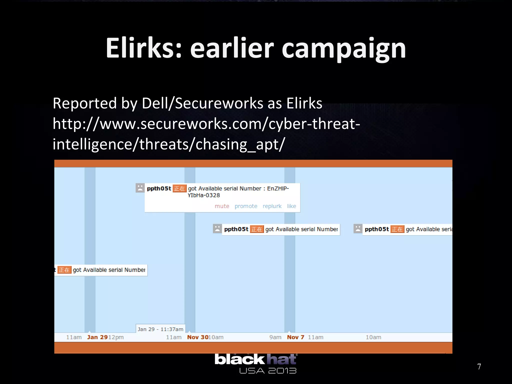 Elirks: earlier campaign
 Reported by Dell/Secureworks as Elirks
http://www.secureworks.com/cyber-threat-
intelligence/threats/chasing_apt/
7
 