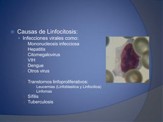  Causas de Linfocitosis:
 Infecciones virales como:
○ Mononucleosis infecciosa
○ Hepatitis
○ Citomegalovirus
○ VIH
○ Dengue
○ Otros virus
○ Transtornos linfoproliferativos:
- Leucemias (Linfoblastica y Linfocitica)
- Linfomas
○ Sífilis
○ Tuberculosis
 