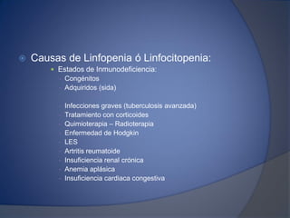  Causas de Linfopenia ó Linfocitopenia:
 Estados de Inmunodeficiencia:
- Congénitos
- Adquiridos (sida)
- Infecciones graves (tuberculosis avanzada)
- Tratamiento con corticoides
- Quimioterapia – Radioterapia
- Enfermedad de Hodgkin
- LES
- Artritis reumatoide
- Insuficiencia renal crónica
- Anemia aplásica
- Insuficiencia cardiaca congestiva
 