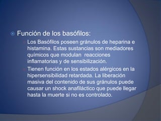  Función de los basófilos:
○ Los Basófilos poseen gránulos de heparina e
histamina. Estas sustancias son mediadores
químicos que modulan reacciones
inflamatorias y de sensibilización.
○ Tienen función en los estados alérgicos en la
hipersensibilidad retardada. La liberación
masiva del contenido de sus gránulos puede
causar un shock anafiláctico que puede llegar
hasta la muerte si no es controlado.
 