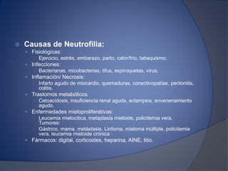 Causas de Neutrofilia:
 Fisiológicas:
○ Ejercicio, estrés, embarazo, parto, calor/frío, tabaquismo.
 Infecciones:
○ Bacterianas, micobacterias, tifus, espiroquetas, virus.
 Inflamación/ Necrosis:
○ Infarto agudo de miocardio, quemaduras, conectivopatías, peritonitis,
colitis.
 Trastornos metabólicos
○ Cetoacidosis, insuficiencia renal aguda, eclampsia, envenenamiento
agudo.
 Enfermedades mieloproliferativas:
○ Leucemia mielocitica, metaplasia mieloide, policitemia vera.
Tumores:
○ Gástrico, mama, metástasis. Linfoma, mieloma múltiple, policitemia
vera, leucemia mieloide crónica
 Fármacos: digital, corticoides, heparina, AINE, litio.
 