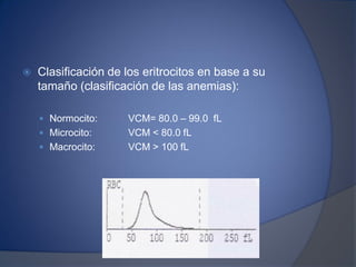  Clasificación de los eritrocitos en base a su
tamaño (clasificación de las anemias):
 Normocito: VCM= 80.0 – 99.0 fL
 Microcito: VCM < 80.0 fL
 Macrocito: VCM > 100 fL
 