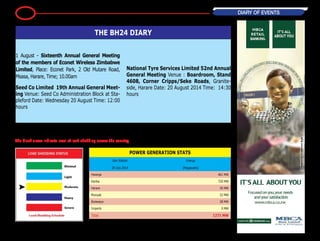 14 DIARY OF EVENTS
The black arrow indicate level of load shedding across the country.
POWER GENERATION STATS
Gen Station
29 July 2014
Energy
(Megawatts)
Hwange 461 MW
Kariba 720 MW
Harare 30 MW
Munyati 32 MW
Bulawayo 28 MW
Imports 0 MW
Total 1271 MW
1 August - Sixteenth Annual General Meeting
of the members of Econet Wireless Zimbabwe
Limited, Place: Econet Park, 2 Old Mutare Road,
Msasa, Harare, Time; 10.00am
Seed Co Limited 19th Annual General Meet-
ing Venue: Seed Co Administration Block at Sta-
pleford Date: Wednesday 20 August Time: 12:00
hours
National Tyre Services Limited 52nd Annual
General Meeting Venue : Boardroom, Stand
4608, Corner Cripps/Seke Roads, Granite-
side, Harare Date: 20 August 2014 Time: 14:30
hours
THE BH24 DIARY
 