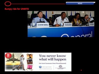 By Lynn Murahwa
The successful co-hosting of the United
Nations World Tourism Organisation
(UNWTO) general assembly in 2013
was not a smooth ride as Government
did not have adequate resources for
the event.
Ministry of Tourism permanent secre-
tary Florence Nhekairo yesterday told a
parliamentary portfolio Committee on
Public Accounts that Government had
to work with limited resources.
"I would not say Government was
ill-prepared to host the UNWTO, I
will say Government did not have
resources in terms of the budget out
lay that was put on the table.
"The hosting of the conference was no
small matter. The crisis management
comes from the fact that the finances
availedatthelastminuteandyoumust
then run around," she said.
She said the need for her ministry to
bypass normal procedures in acquir-
ing assets during that time was due to
limited finances and a large amount of
pressure to perform.
Nhekairo also said the delayed release
of necessary funds by Treasury left the
ministry with extremely limited time to
procure assets and issue formal ten-
ders. "Treasury released our envelope
for December 2011 on 28 Decem-
ber 2011, which the ministry then
accessed on 30 December and that left
two days in which to use the money for
procurement of vehicles.
"Failure of which Treasury would take
back the funds into the Consolidated
Revenue Fund, it was therefore not
possible at all for the ministry to go
through the normal tender procedures
and to observe the regulations that we
were very much aware of," she said.
According to Nhekairo, the ministry did
not comply with regulations because
there were no funds, not because of
the UNWTO. •
4 NEWS
Bumpy ride for UNWTO
 